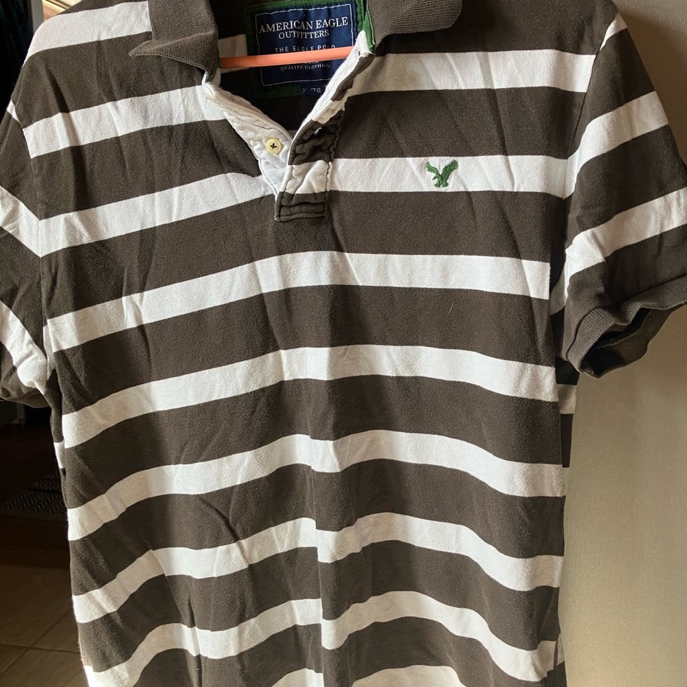 American Eagle Outfitters Men's Brown and White Striped Polo Shirt